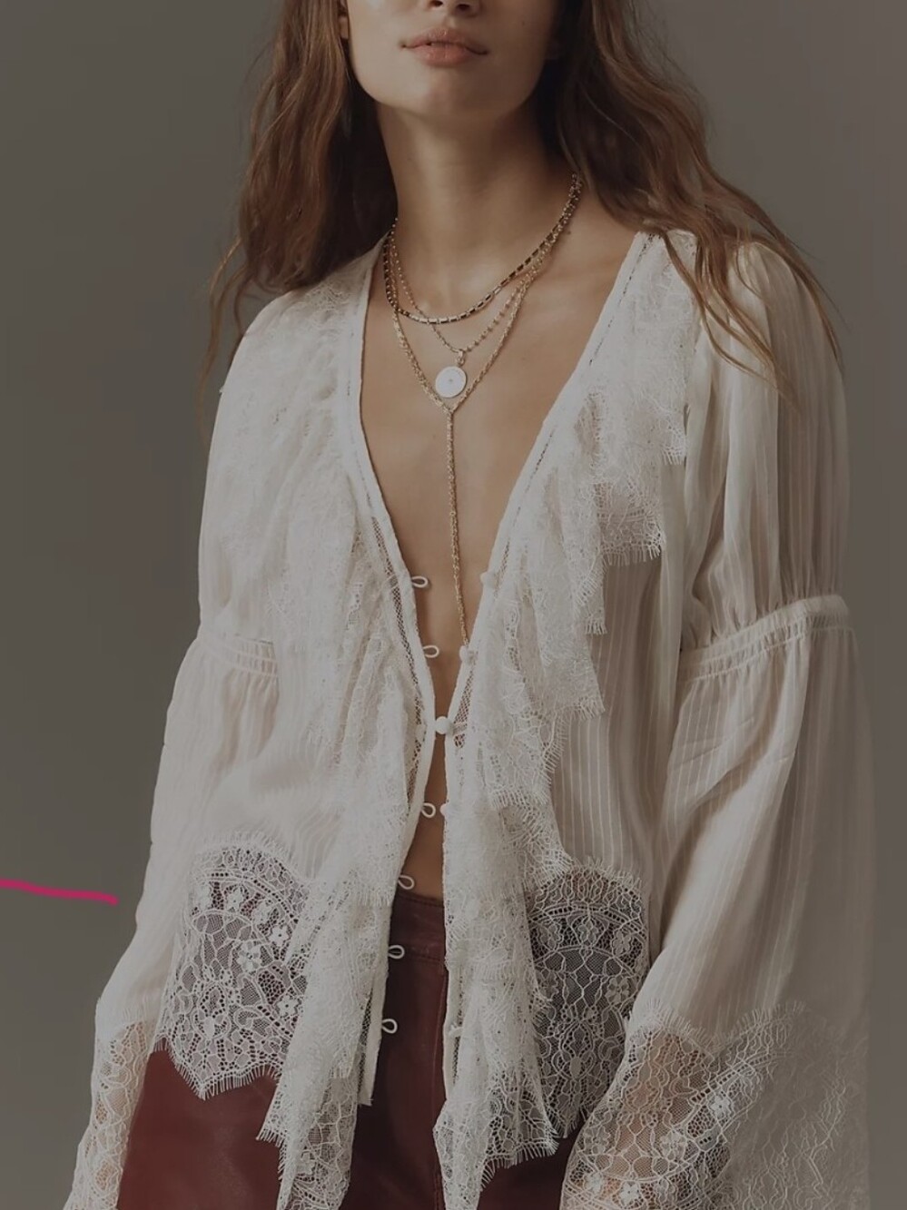 Sheer Lace Trim Ivory Blouse